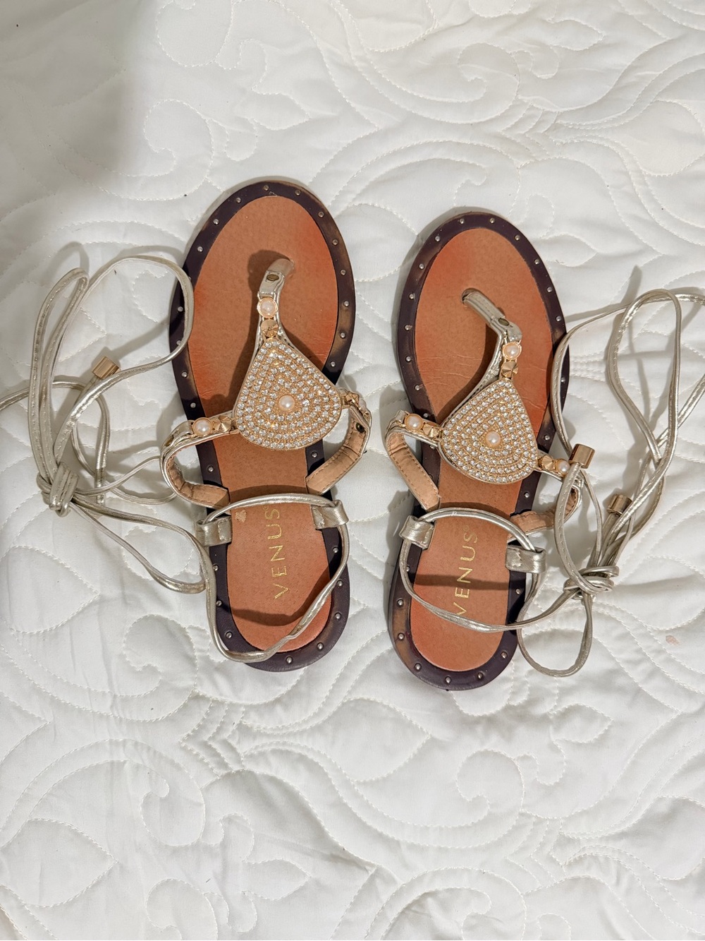 VENUS Metallic Gold Rhinestone T-Strap Lace-Up avatar Sandals